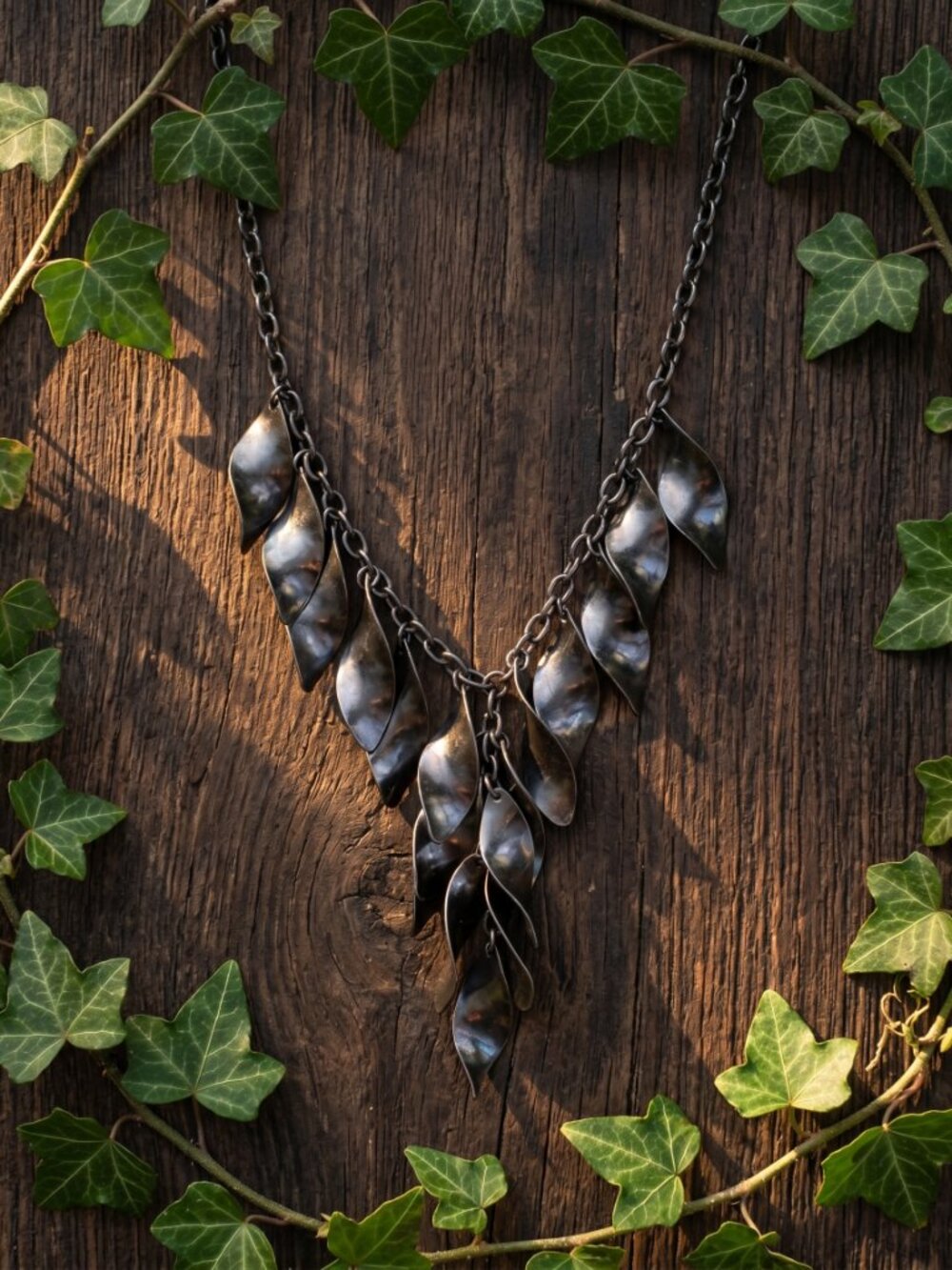 Gunmetal Tone Dark Twisted Spiraled Leaf Adjustable Statement Y-Drop Necklace